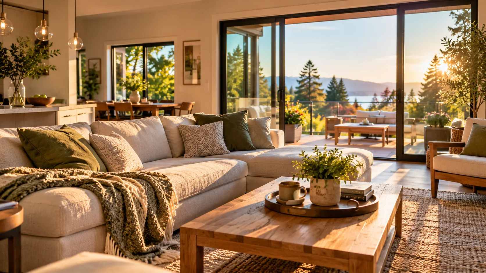 Sunlit Canadian living room opening to a deck and lake view at golden hour