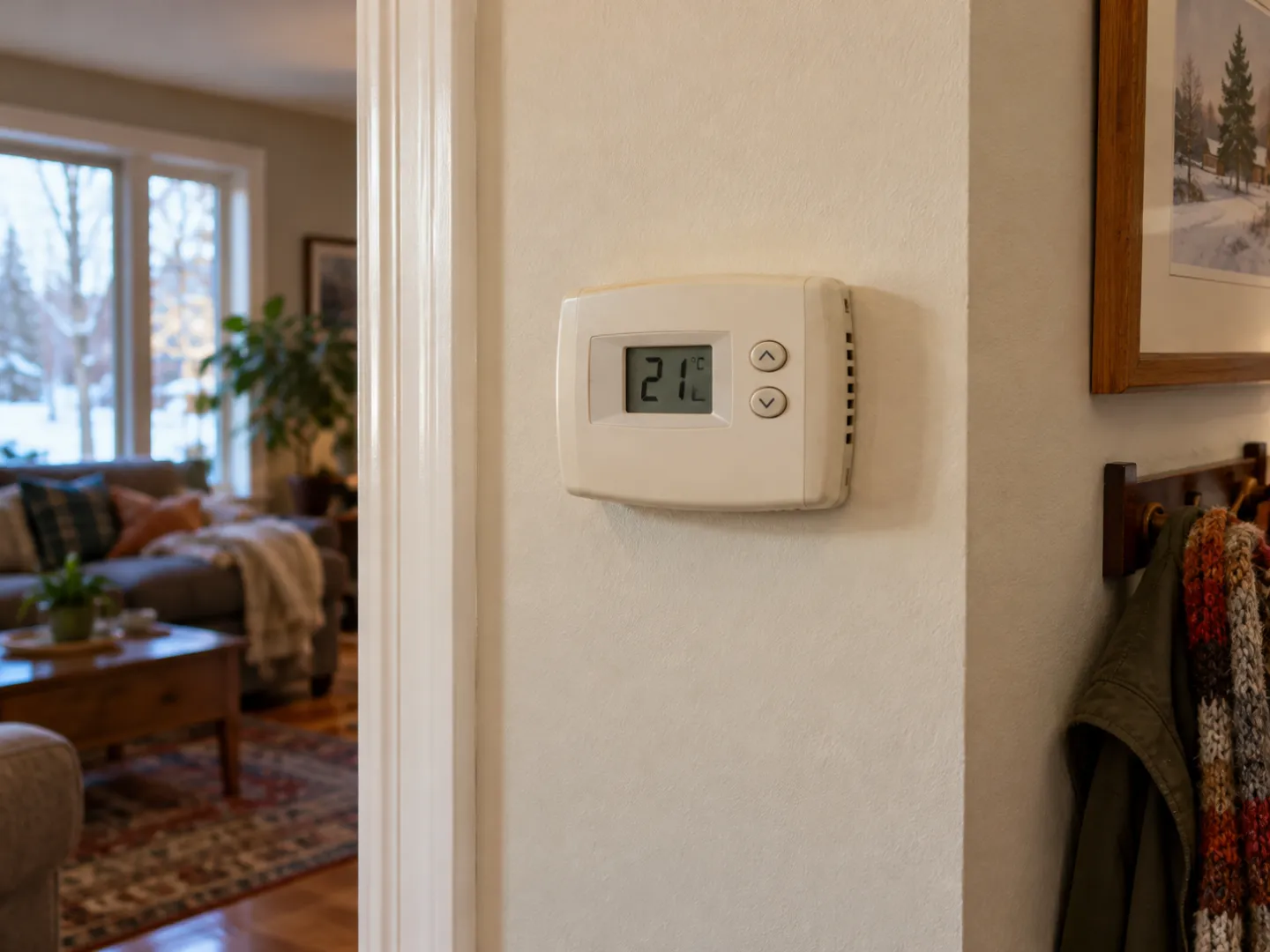 Wall thermostat in a hallway with a cozy living room and snowy yard beyond