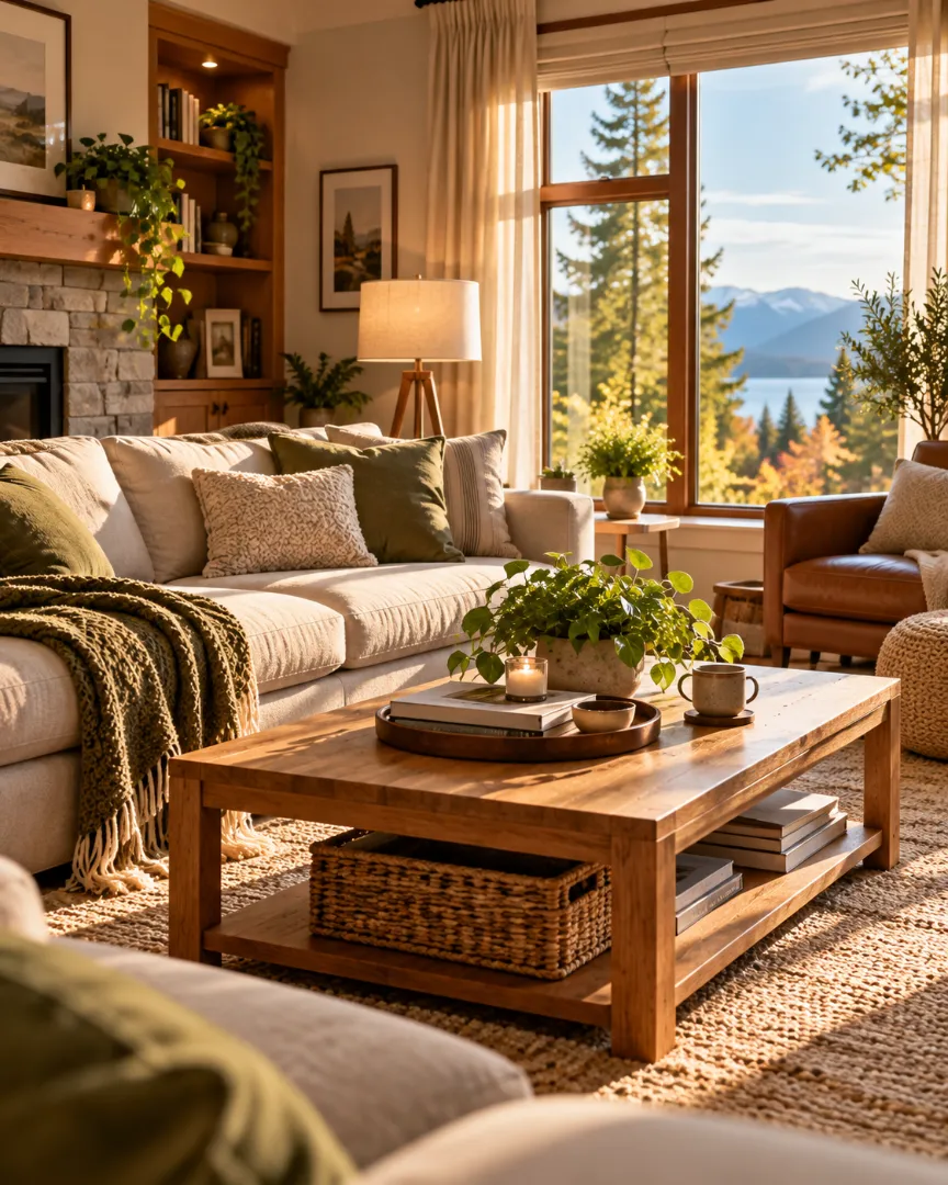 Rustic Canadian living room with fireplace, sofa, and lake view through the window