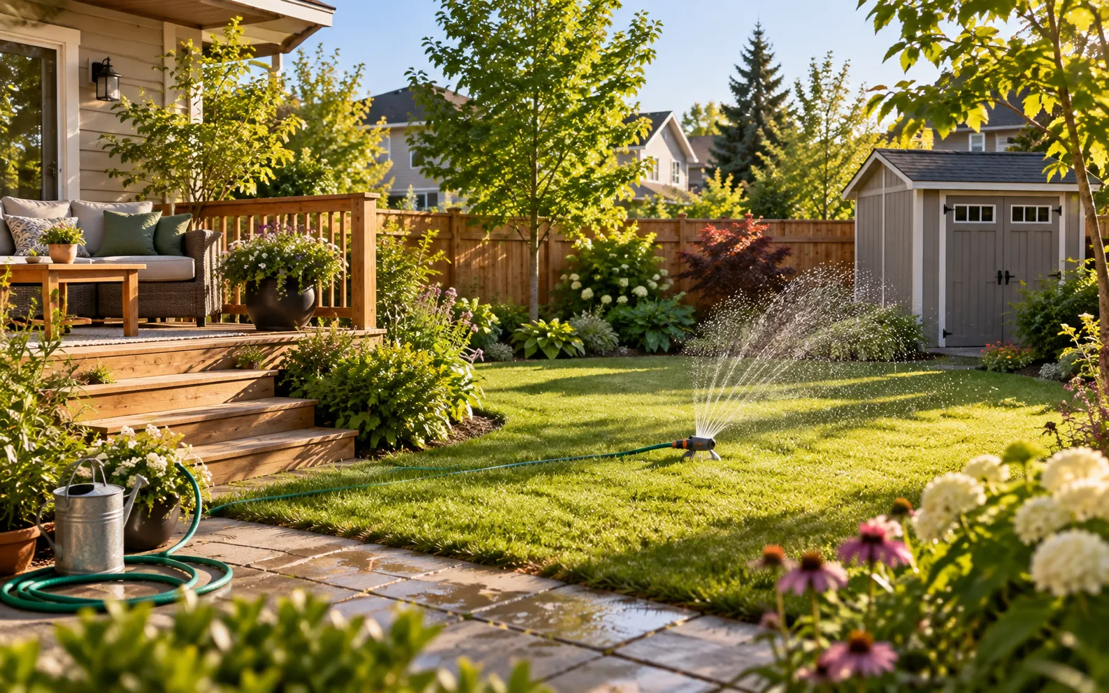 Canadian backyard with deck, lawn sprinkler, garden shed, and wooden fence